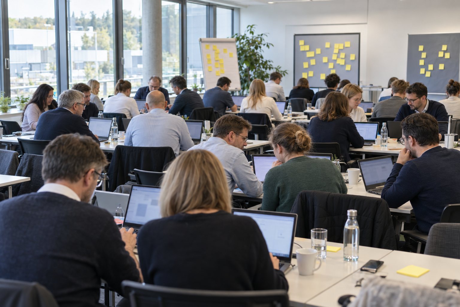 Symbolbild: viele Teilnehmende arbeiten in einem Workshop an Laptops