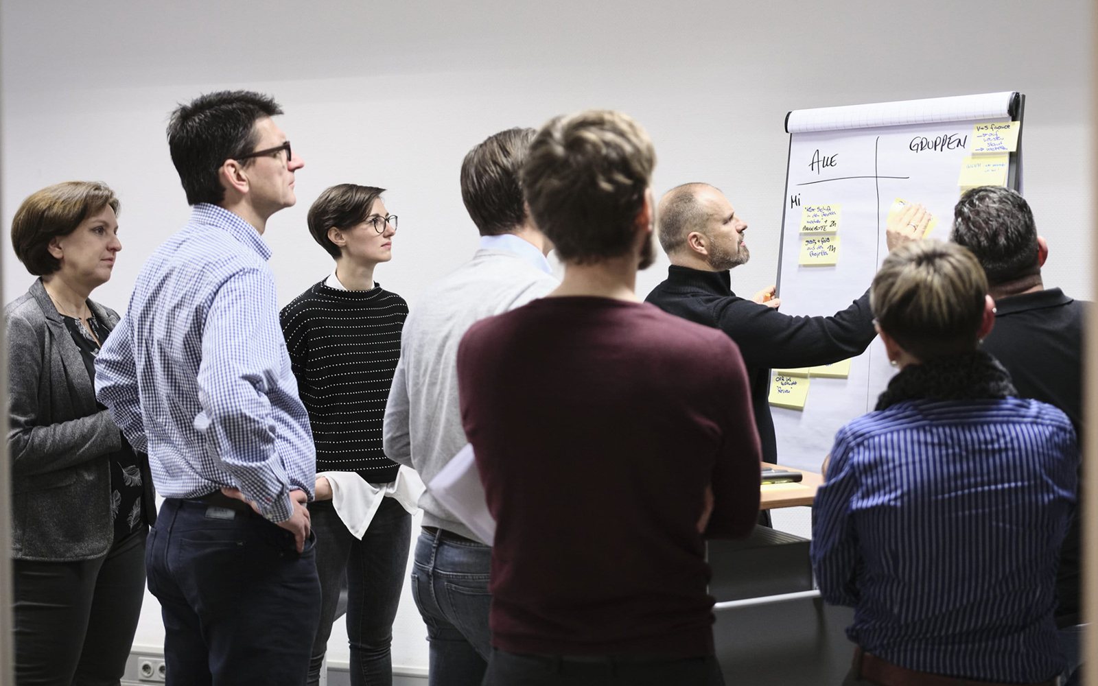 Gruppe arbeitet gemeinsam am Flipchart mit Haftnotizen